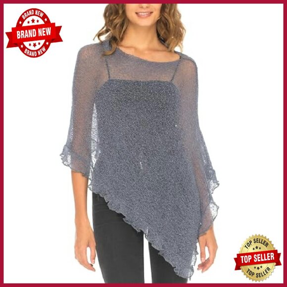 Lightweight Sheer Knit Poncho Shrug Pullover Sweater Top One Size - Picture 2 of 8